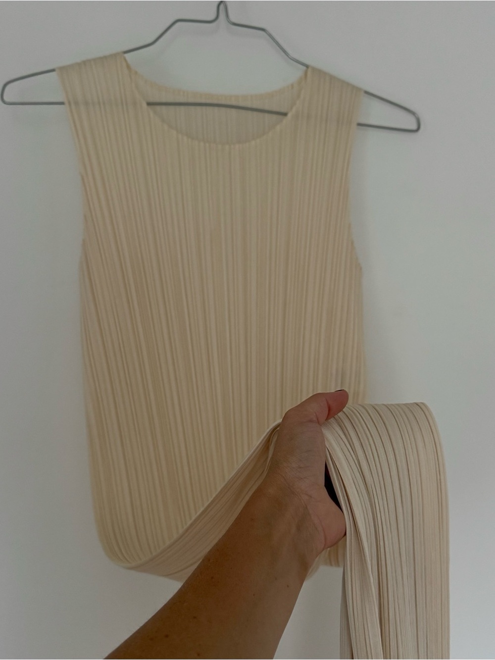 Issey Miyake Pleated Maxi Dress in Beige Cream